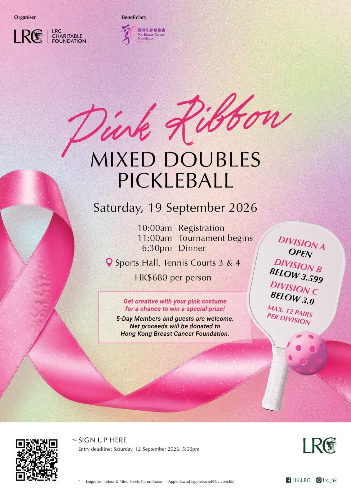 Owner-provided event poster for Pink Ribbon Mixed Doubles Pickleball on 19 September 2026.